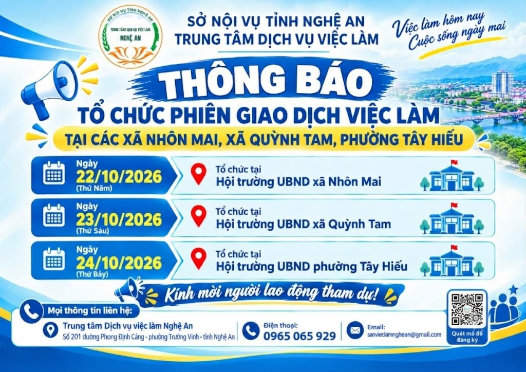 Thông báo tổ chức Phiên giao dịch việc làm tại các xã Nhôn Mai, Quỳnh Tam, P. Tây Hiếu